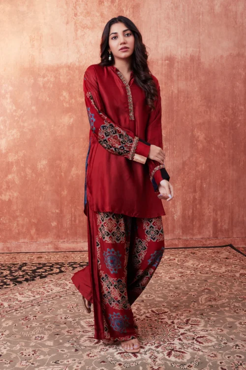 Red MultiColor Printed Habutai Silk Co-Ord Set